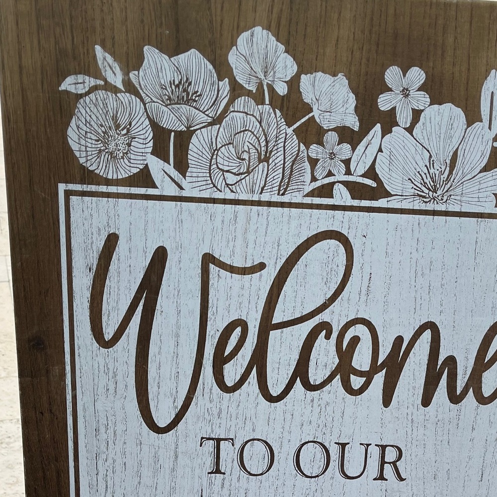 Wooden "Welcome to Our Wedding" Sign - White on Brown - Picture 2 of 5